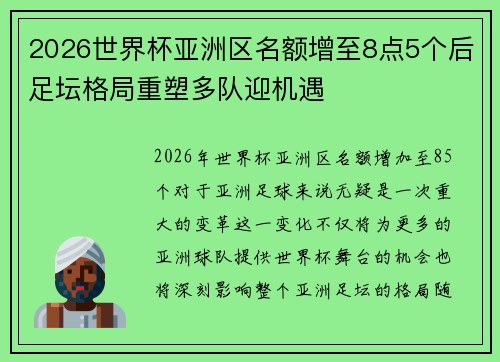 2026世界杯亚洲区名额增至8点5个后足坛格局重塑多队迎机遇
