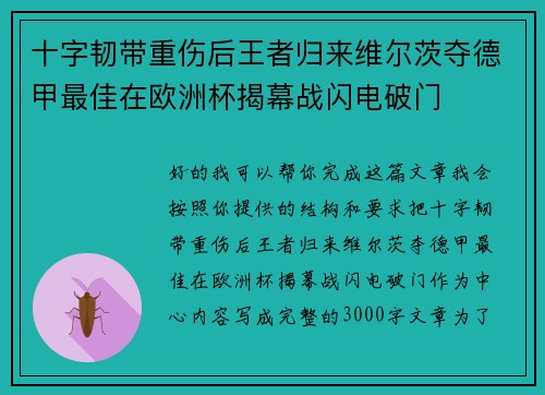 十字韧带重伤后王者归来维尔茨夺德甲最佳在欧洲杯揭幕战闪电破门