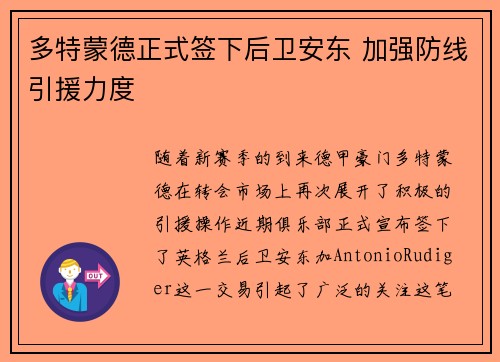 多特蒙德正式签下后卫安东 加强防线引援力度