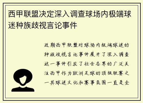 西甲联盟决定深入调查球场内极端球迷种族歧视言论事件